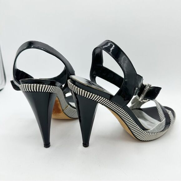 Gianfranco Ferre Black/White Striped Patent‎ Leather Heeled Sandals Sz 40 - Picture 6 of 16